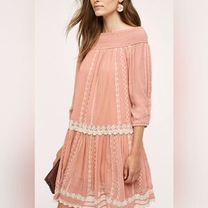Anthropologie Floreat Orchard Lace shift Dress Blush Boho Crochet Off Shoulder
